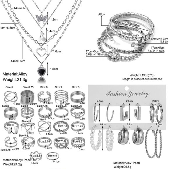 92 pcs Silver Plated Jewelry Set with Necklaces Bracelets Earrings Rings Women - Picture 3 of 8